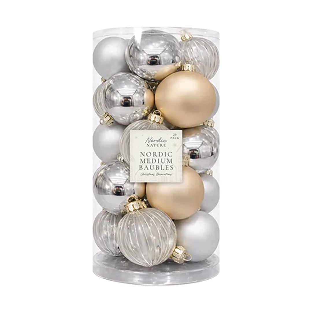 Nordic Soft Gold & Silver Medium Plastic Baubles Hanging Christmas Tree Decorations 6cm - Pack of 20