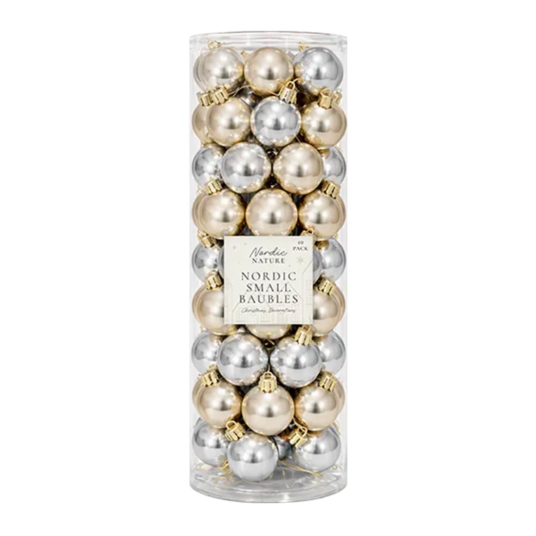 Nordic Soft Gold & Silver Small Plastic Baubles Hanging Christmas Tree Decorations 3cm - Pack of 40