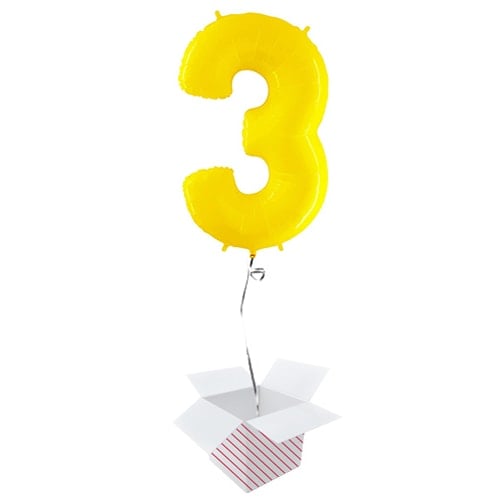 Number 3 Yellow Helium Foil Giant Balloon - Inflated Balloon in a Box