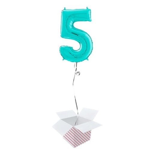 Turquoise Blue Number 5 Helium Foil Giant Balloon - Inflated Balloon in a Box Product Gallery Image