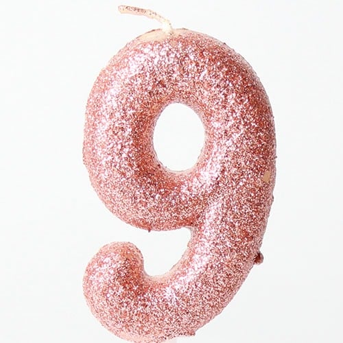 Number 9 Glitter Rose Gold Pick Moulded Cake Candle 9cm