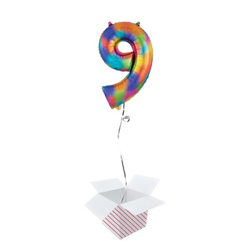 Number 9 Rainbow Splash Helium Foil Giant Balloon - Inflated Balloon in a Box Product Gallery Image