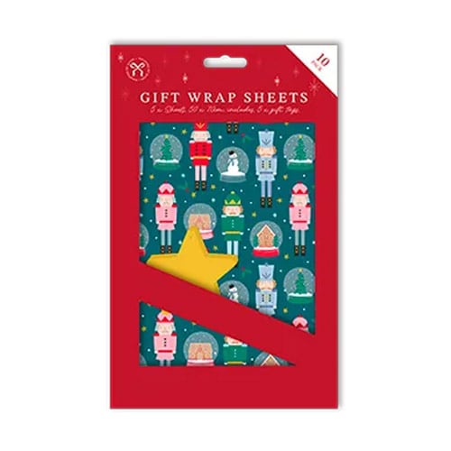 Nutcrackers & Snow Globes Green Christmas Gift Wrap Sheets with Matching Tags - Pack of 5 Product Gallery Image