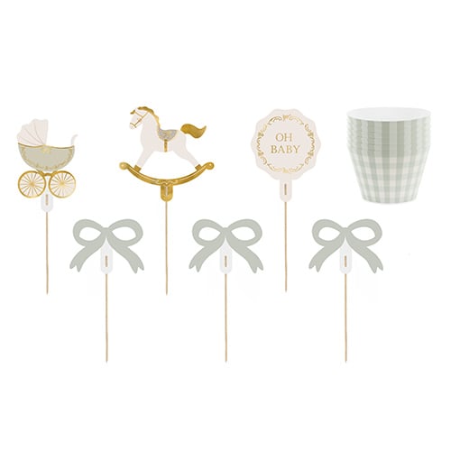 Oh Baby Sage Green Cupcake Toppers & Wraps - Pack of 6