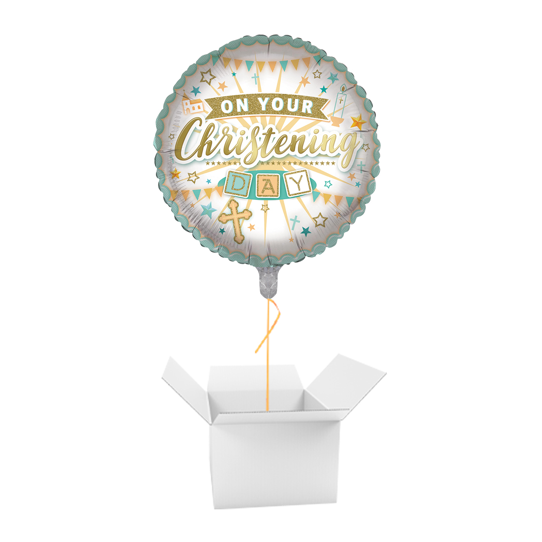 On Your Christening Day Neutral Round Foil Balloon - Inflated Balloon In A Box