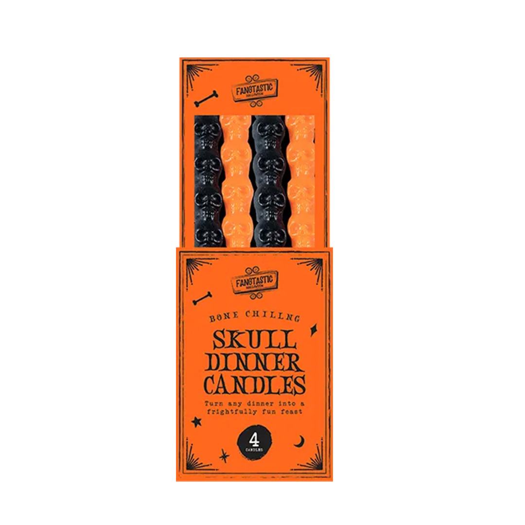 Orange & Black Skull Halloween Taper Dinner Candles - Pack of 4