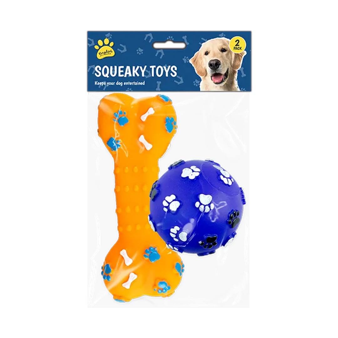 Orange Bone & Blue Ball Squeaky Dog Toys - Pack of 2