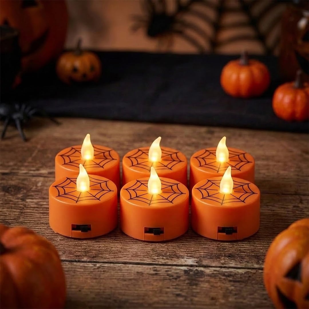 Orange Cobweb Halloween LED Tealights - Pack of 6