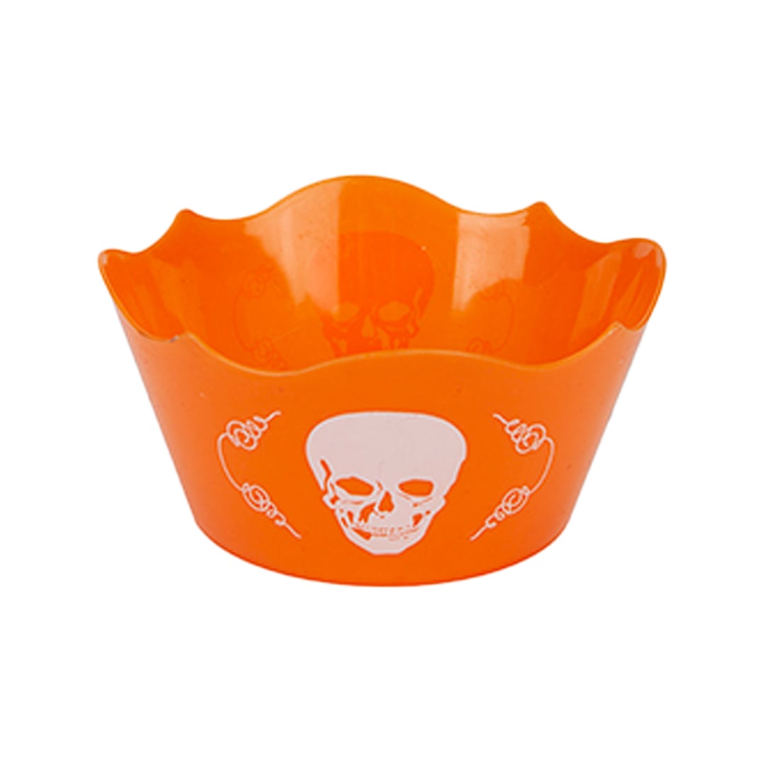 Orange Halloween Skull Design Round Reusable Plastic Treat Bowl 15cm