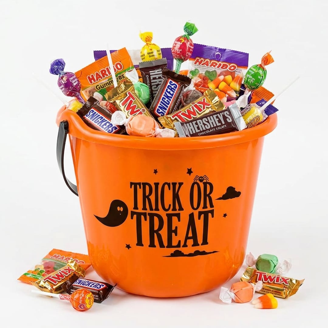 Orange Halloween Trick Or Treat Candy Plastic Bucket 18cm