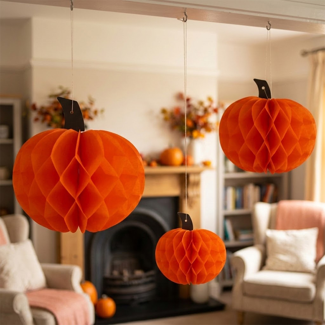Orange Pumpkin 3D Halloween Honeycomb Paper Hanging Decorations - Pack of 3 View 2