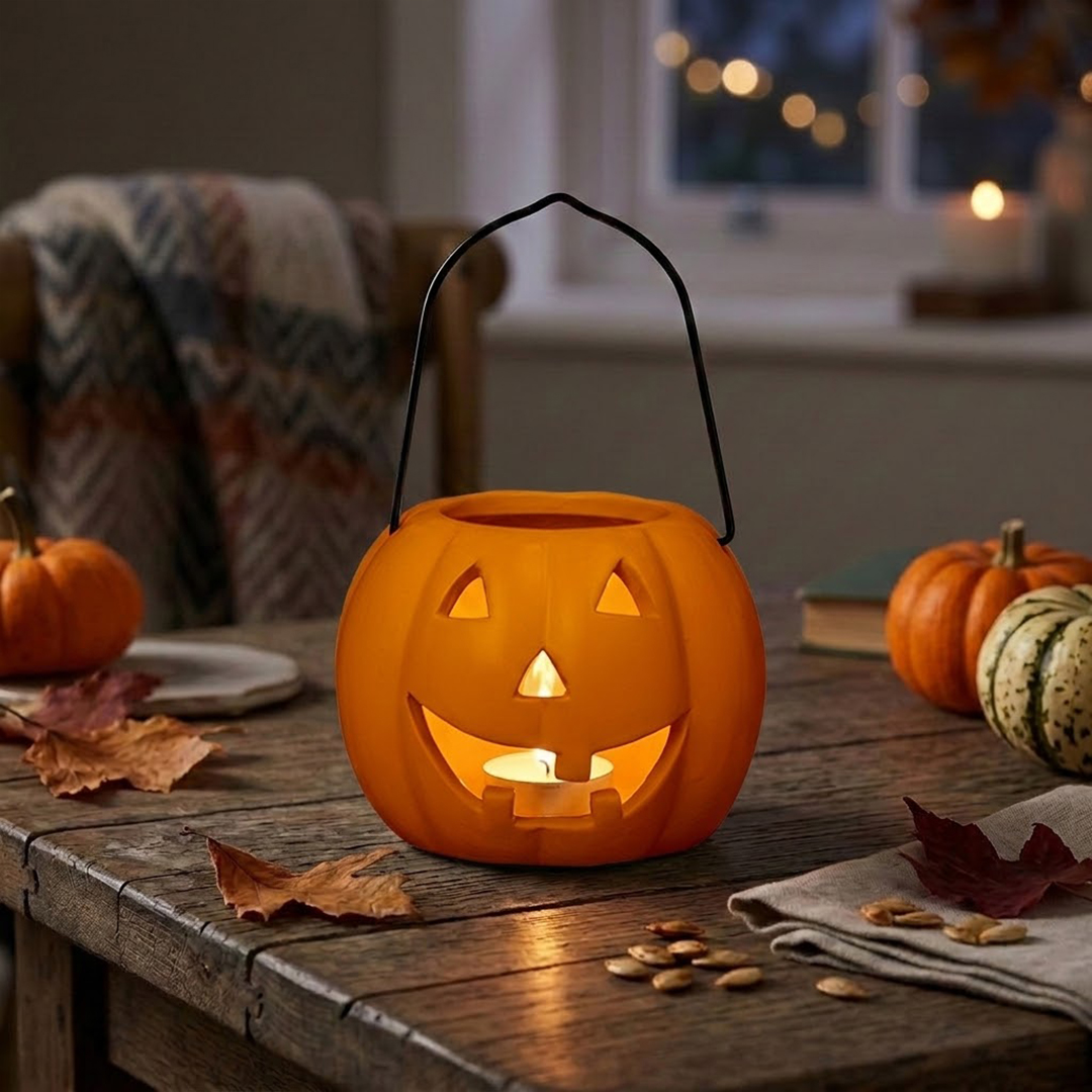 Orange Pumpkin Halloween Tea Light Ceramic Candle Holder with Handle 10cm