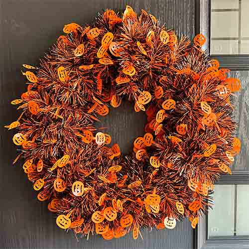 Orange Pumpkin Halloween Tinsel Hanging Wreath Decoration 44cm Product Gallery Image