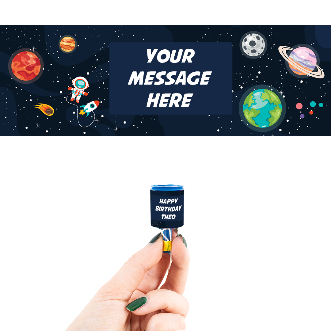 Outer Space Planets Personalised Party Popper Packaging Label Stickers 9cm - Sheet of 16