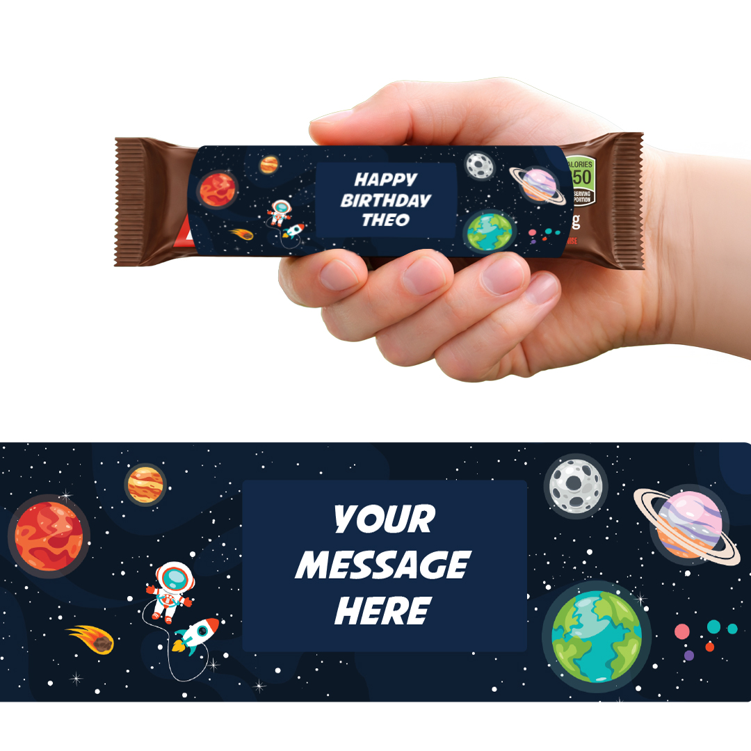 Outer Space Planets Personalised Sweet Chocolate Bar Packaging Label Stickers 9.1cm - Sheet of 16