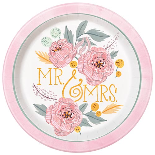 Painted Floral Wedding Round Paper Plates 22cm - Pack of 8