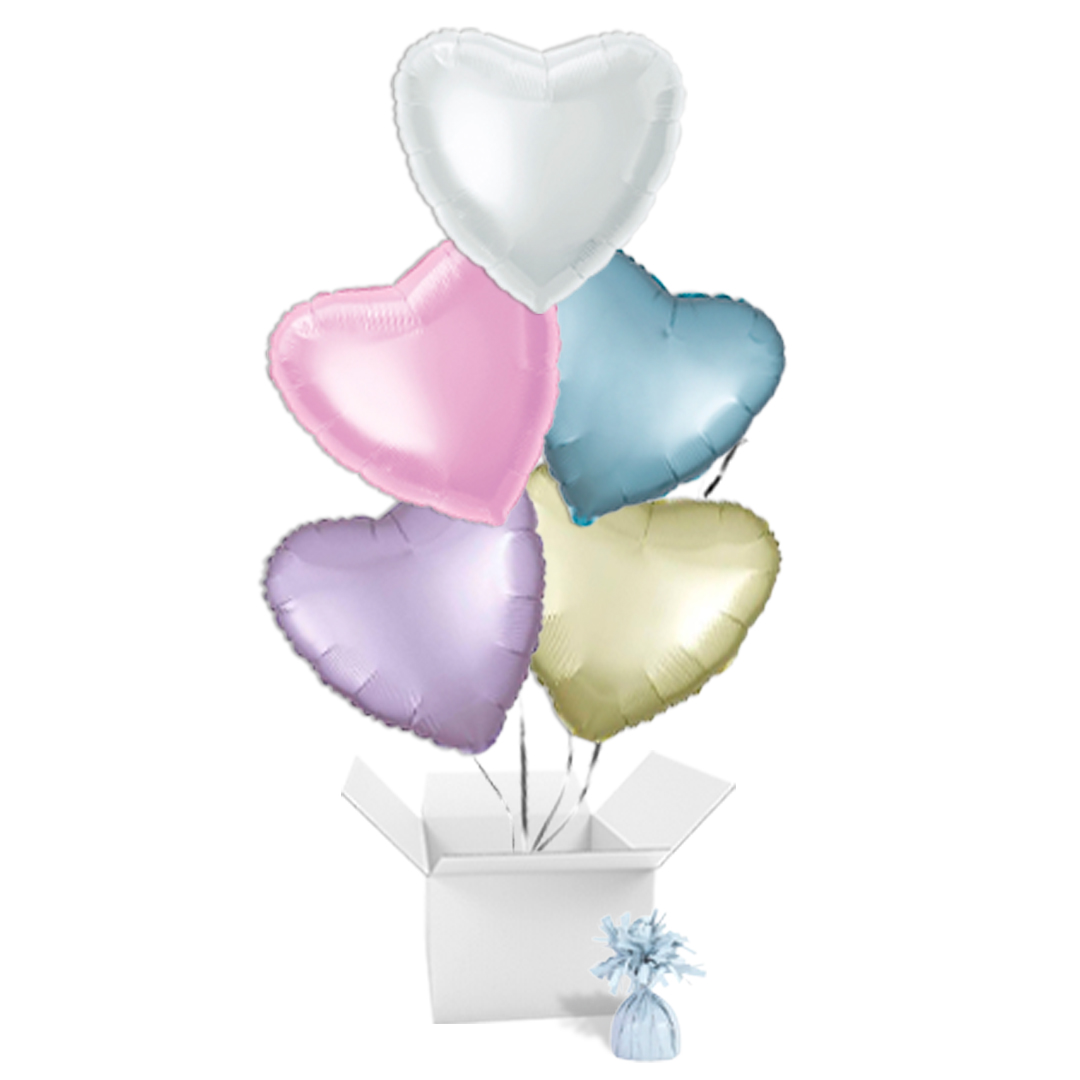 Pastel Assortment Hearts Foil Helium Balloon Bouquet - 5 Inflated Balloons In A Box