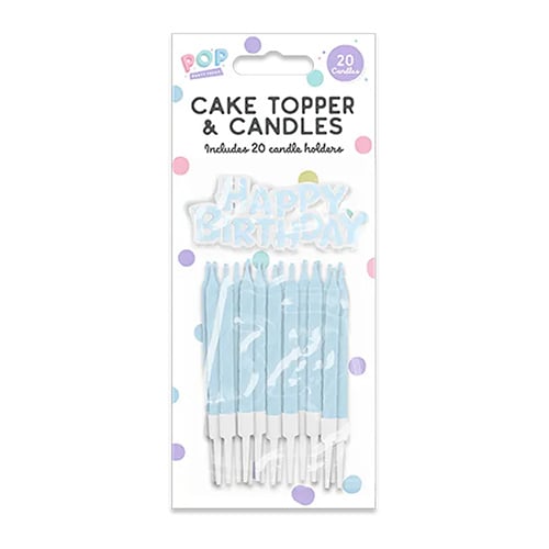 Pastel Blue Happy Birthday Cake Topper and Candles with Holders