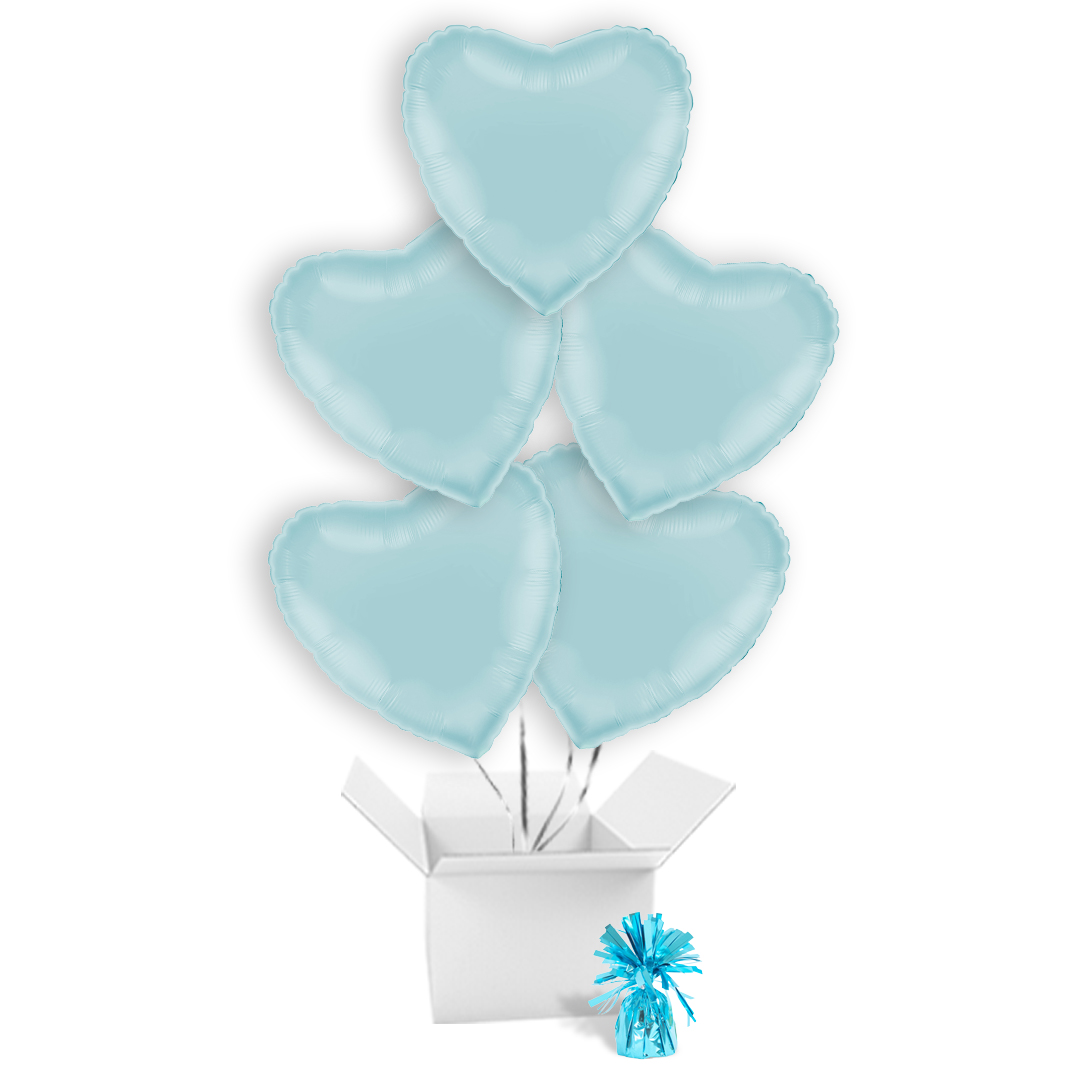 Pastel Blue Heart Shaped Foil Balloon Bouquet - 5 Inflated Balloons In A Box
