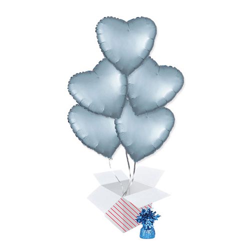 Pastel Blue Satin Luxe Heart Shape Foil Helium Balloon Bouquet - 5 Inflated Balloons In A Box Product Gallery Image
