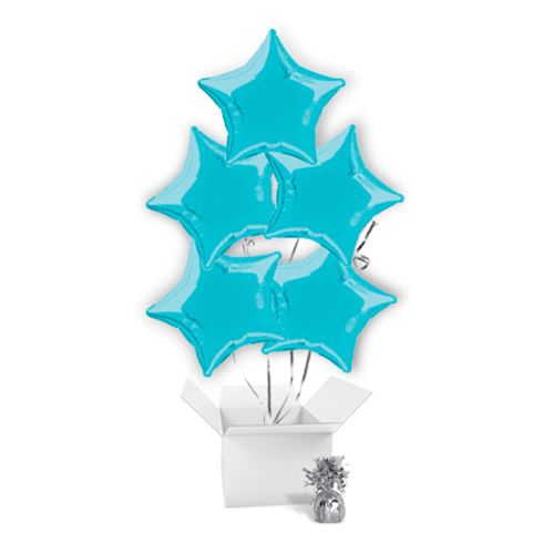 Pastel Blue Star Foil Helium Balloon Bouquet - 5 Inflated Balloons In A Box Product Gallery Image