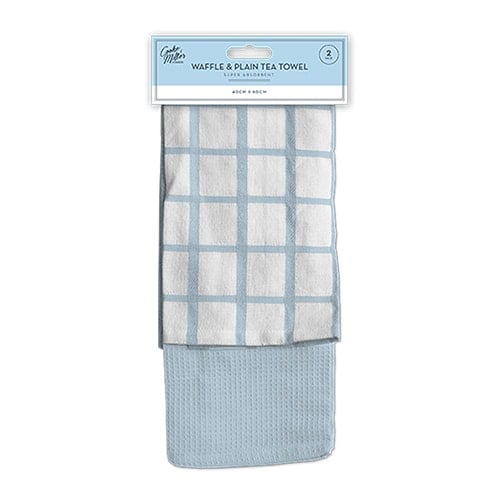 Pastel Blue Terry Waffle and Plain Tea Towels - Pack of 2 Product Image