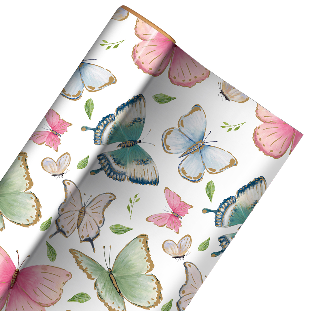 Pastel Butterflies White Gift Wrapping Paper Roll 3m Product Gallery Image