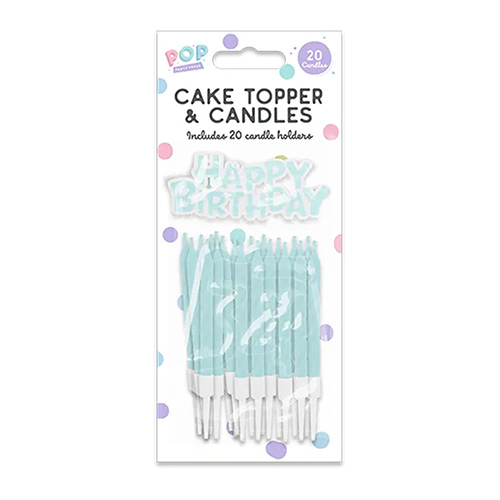 Pastel Green Happy Birthday Cake Topper and Candles with Holders