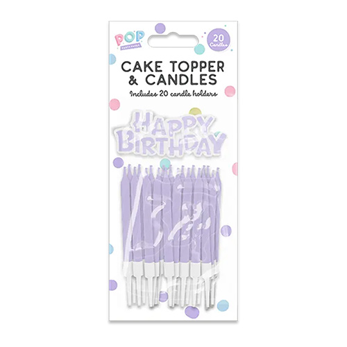 Pastel Lilac Happy Birthday Cake Topper and Candles with Holders