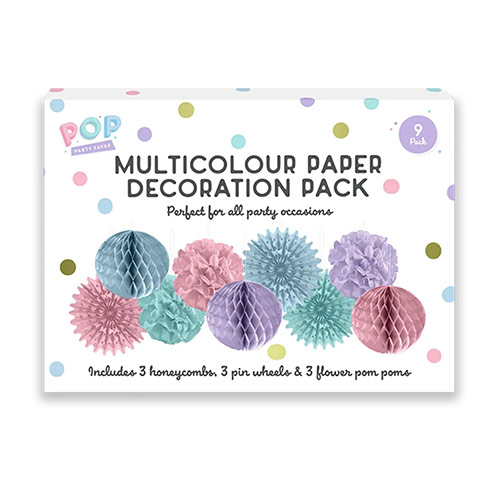 Pastel Multicolour Paper Hanging Decorations - Pack of 9