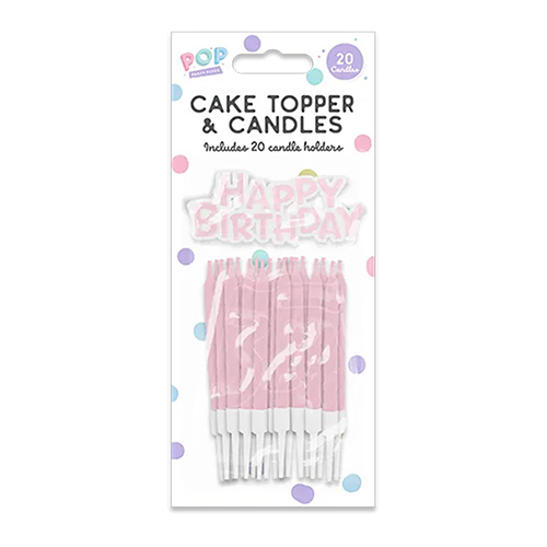 Pastel Pink Happy Birthday Cake Topper and Candles with Holders