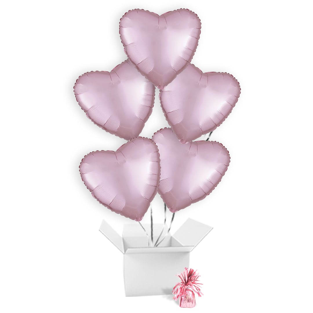 Pastel Pink Satin Luxe Heart Foil Helium Balloon Bouquet - 5 Inflated Balloons In A Box Product Gallery Image