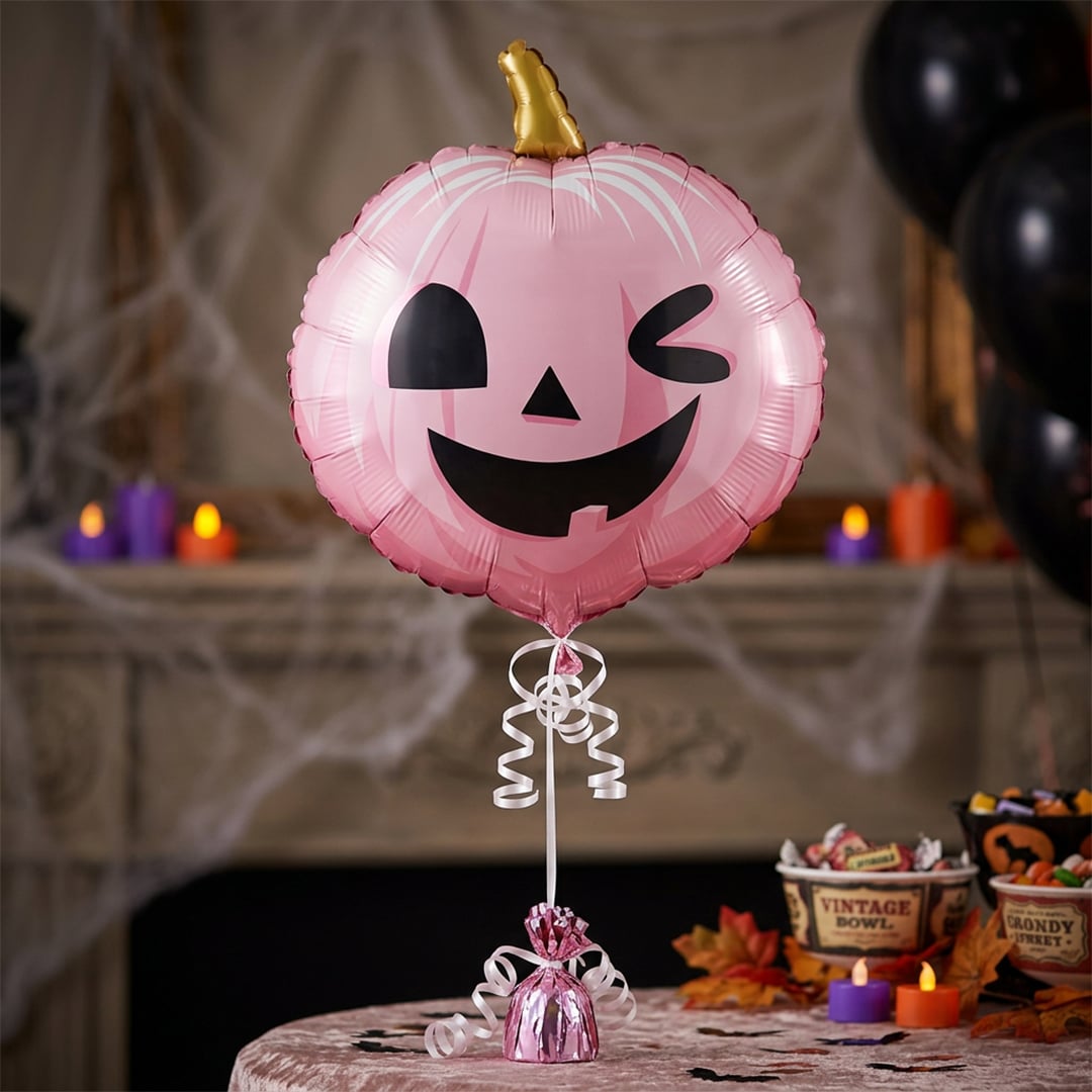 Pastel Pink Smiling Pumpkin Halloween Shaped Foil Balloon 56cm / 22 in