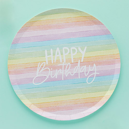 Pastel Rainbow Stripes Happy Birthday Eco Round Paper Plates 23cm - Pack of 8 Product Gallery Image