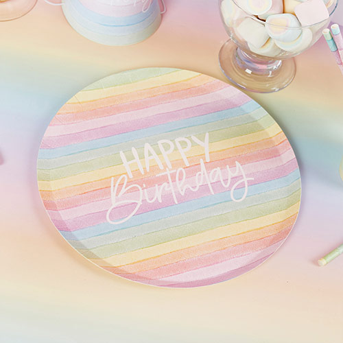 Pastel Rainbow Stripes Happy Birthday Eco Round Paper Plates 23cm - Pack of 8 Product Gallery Image