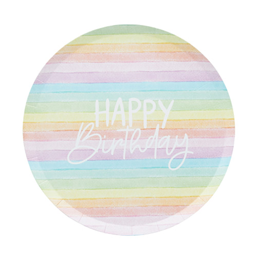 Pastel Rainbow Stripes Happy Birthday Eco Round Paper Plates 23cm - Pack of 8