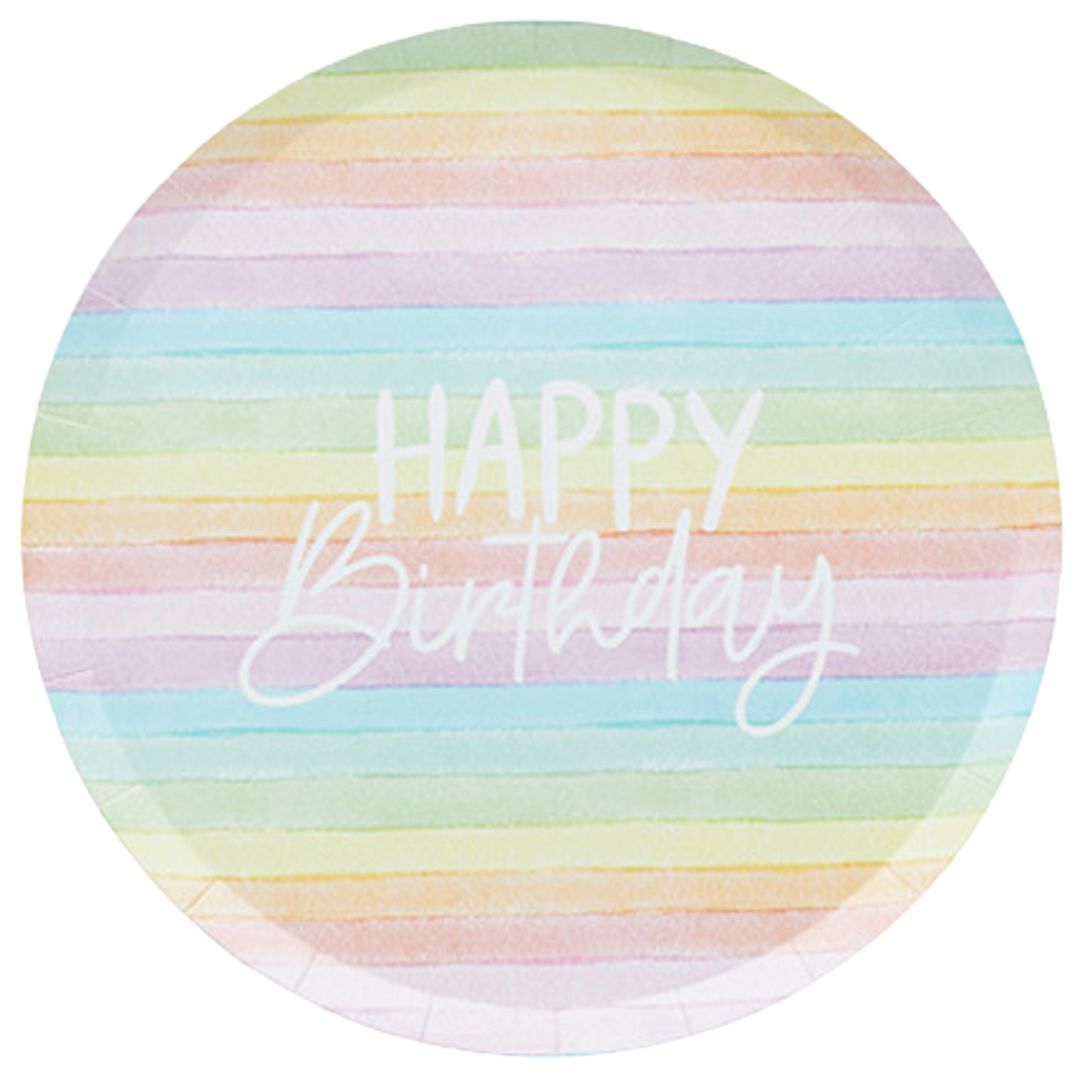 Pastel Rainbow Stripes Happy Birthday Eco Round Paper Plates 23cm - Pack of 8