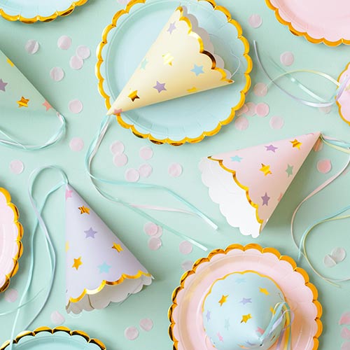 Pastel Stars Paper Party Hats with Satin Ribbon - Pack of 6 Product Gallery Image
