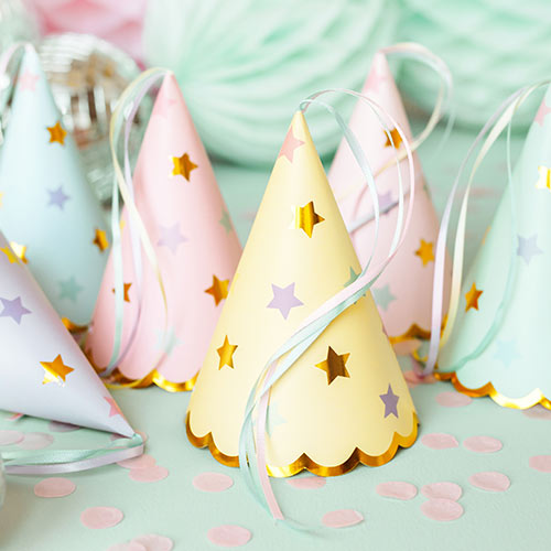 Pastel Stars Paper Party Hats with Satin Ribbon - Pack of 6 Product Gallery Image