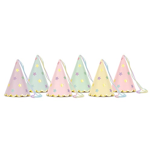 Pastel Stars Paper Party Hats with Satin Ribbon - Pack of 6 Product Gallery Image