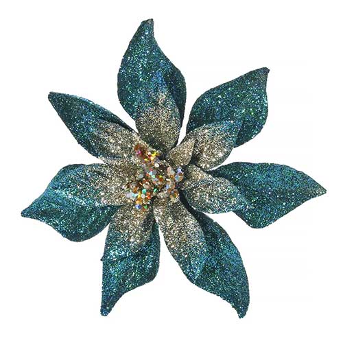 Peacock Teal Green Glitter Christmas Poinsettia Artificial Flower Decoration with Clip 23cm Product Image