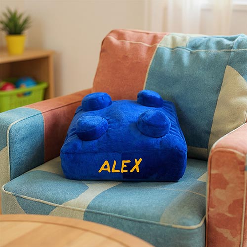 Personalised Blue Building Brick Retro Square Shaped Plush Pillow Cushion Product Gallery Image