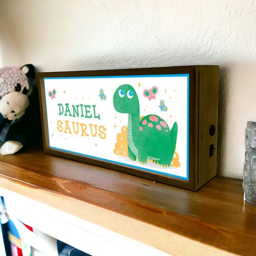 Personalised Dino Saurus Nursery LED Light Box Wood Room Sign Product Gallery Image