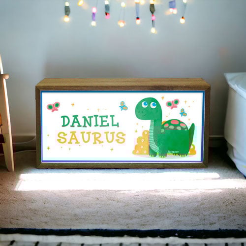 Personalised Dino Saurus Nursery LED Light Box Wood Room Sign Product Gallery Image