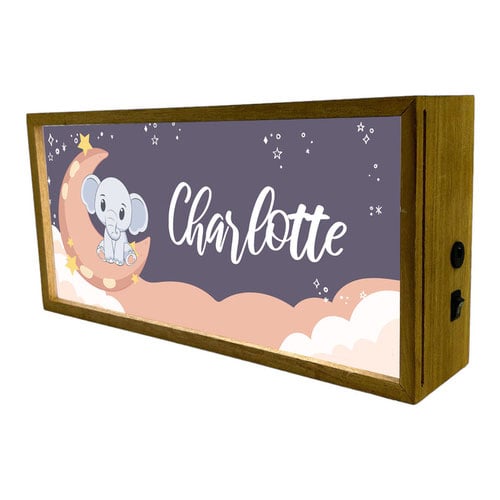 Personalised Elephant Moon Nursery LED Light Box Wood Room Sign Product Gallery Image