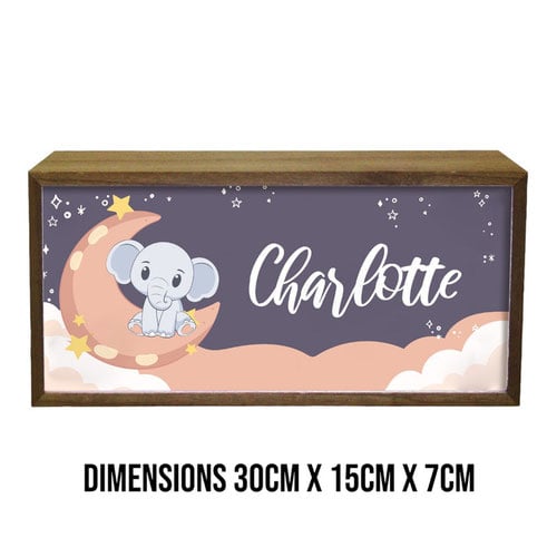 Personalised Elephant Moon Nursery LED Light Box Wood Room Sign Product Gallery Image