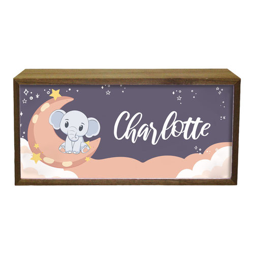 Personalised Elephant Moon Nursery LED Light Box Wood Room Sign Product Gallery Image