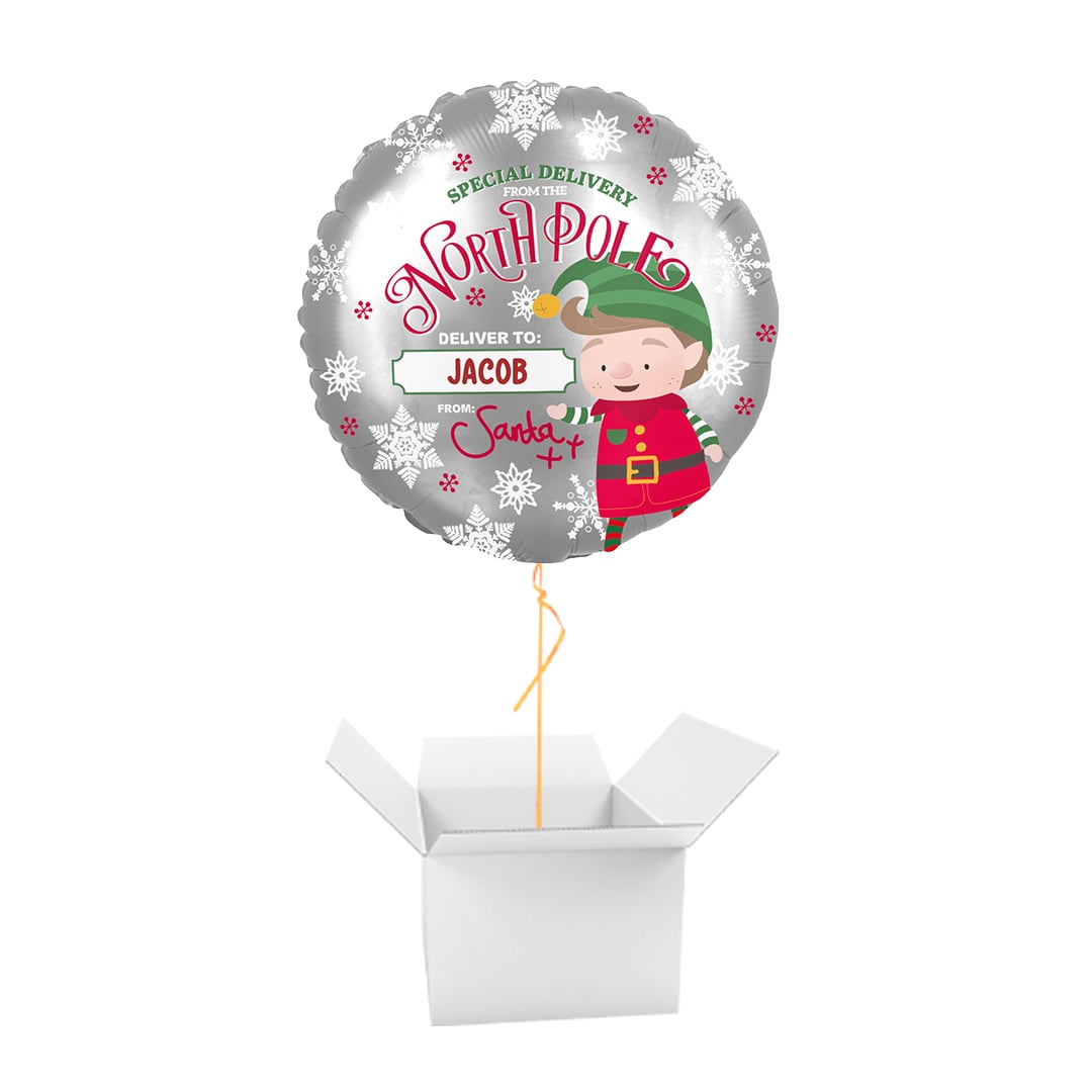 Personalised Elf Arrival Christmas Round Foil Balloon - Inflated Balloon In A Box