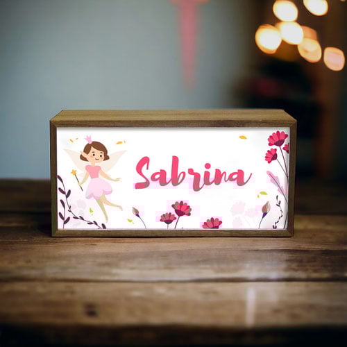 Personalised Girl's Room Fairy LED Light Box Wood Room Sign Product Gallery Image