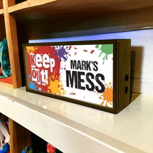 Personalised Keep Out Play Room Mess LED Light Box Wood Room Sign Product Gallery Image